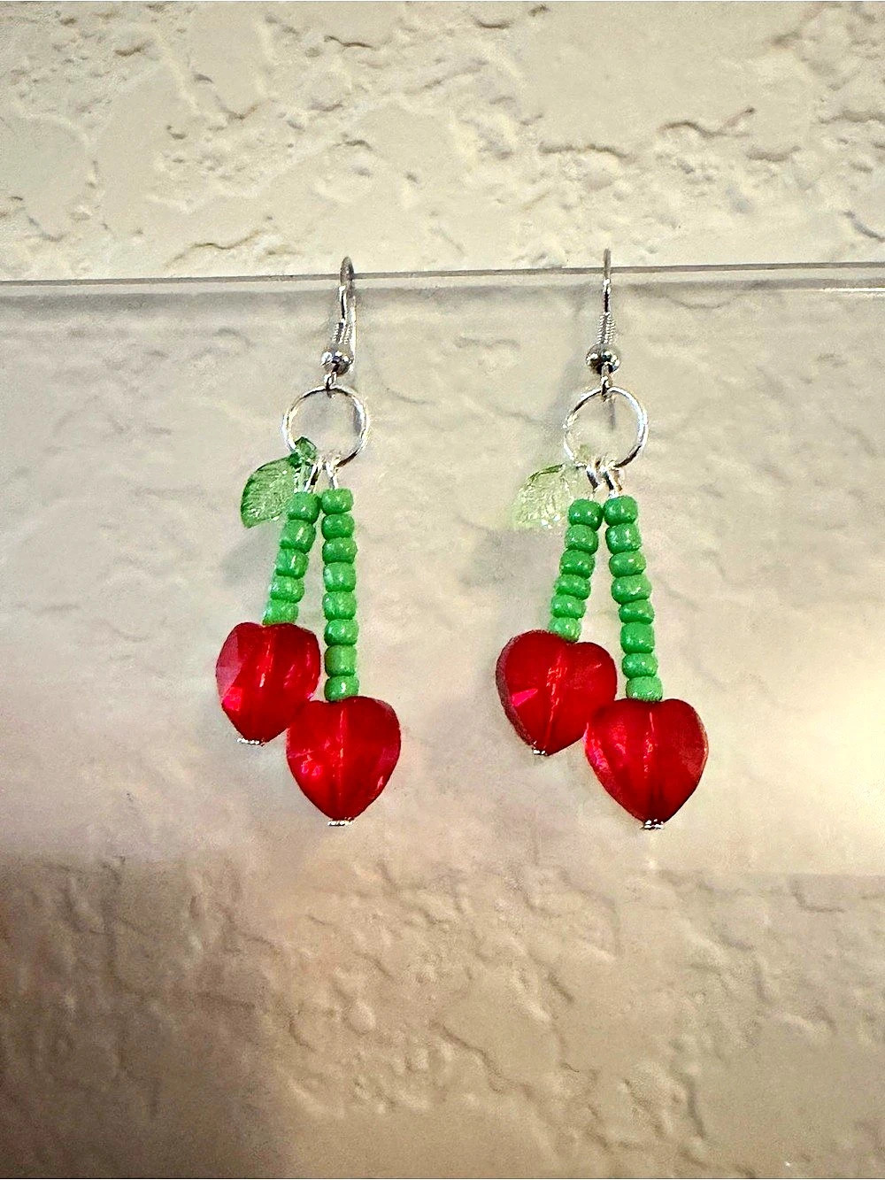 Handmade Cherry Red & Green Earrings Like New